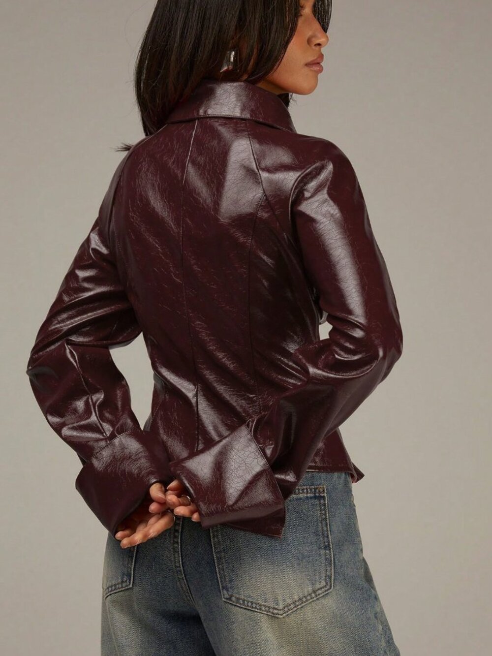 burgundy Casual Women's Faux Leather Long Sleeve Zip Up Slim Fit Shiny jacket - Picture 4 of 6